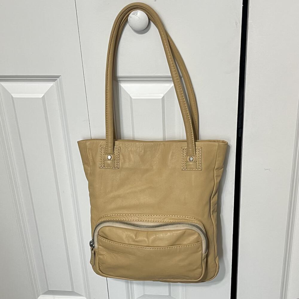Hobo International Tote Bag Womens Medium Beige Leather Zip Pocket Shoulder